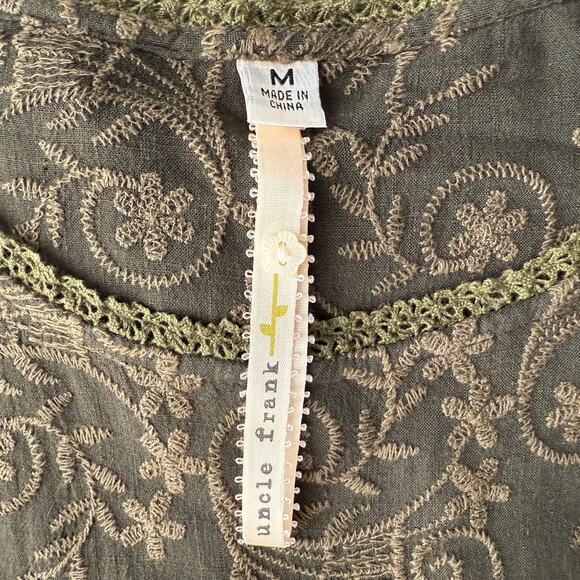 Uncle‎ Frank Anthropologie Linen Blend Embroidered Brocade Olive Tunic Dress M - Picture 4 of 8